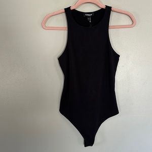 Express Body Contour Silky High Neck Thong Bodysuit - Black - XS